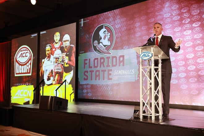 FSU football coach Mike Norvell speaks recently at ACC Kickoff in Charlotte.