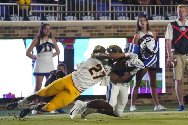 Darrell Harding Jr., here at right making a catch against N.C. A&T in 2019, could be in line for a big season. 