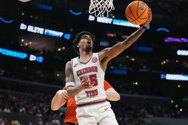 Alabama Crimson Tide guard Aaron Estrada (55) shoots against Clemson Tigers forward Ian Schieffelin (4) in the first half in the finals of the West Regional of the 2024 NCAA Tournament at Crypto.com Arena. | Photo: Kirby Lee-USA TODAY Sports