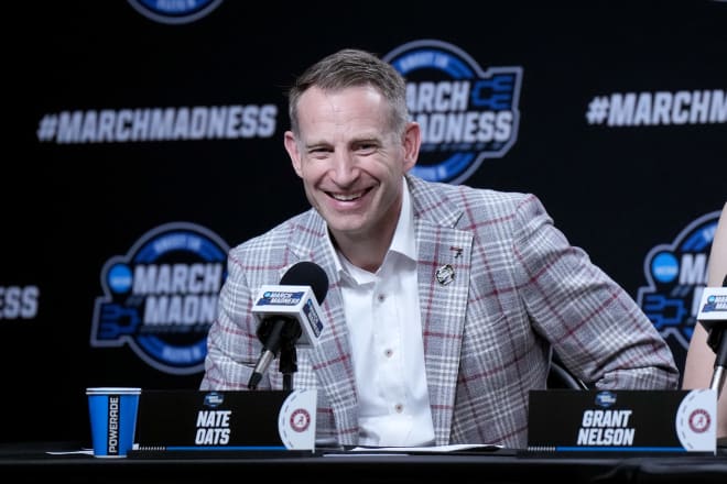 Alabama Crimson Tide head coach Nate Oats talks in a press conference after the game against the North Carolina Tar Heels. and in the semifinals of the West Regional of the 2024 NCAA Tournament at Crypto.com Arena. Photo | Kirby Lee-USA TODAY Sports