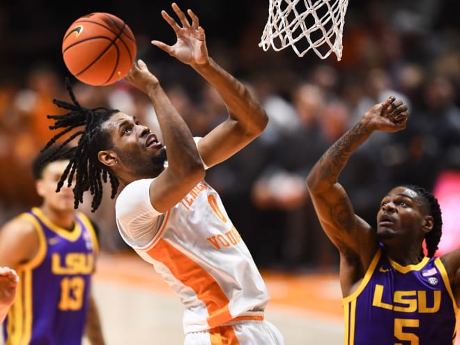 Tennessee's Jonas Aidoo (0) going after the rebound over LSU's Mwani Wilkinson (5) during an NCAA college basketball game on Wednesday, February 7, 2024 in Knoxville, Tenn.
