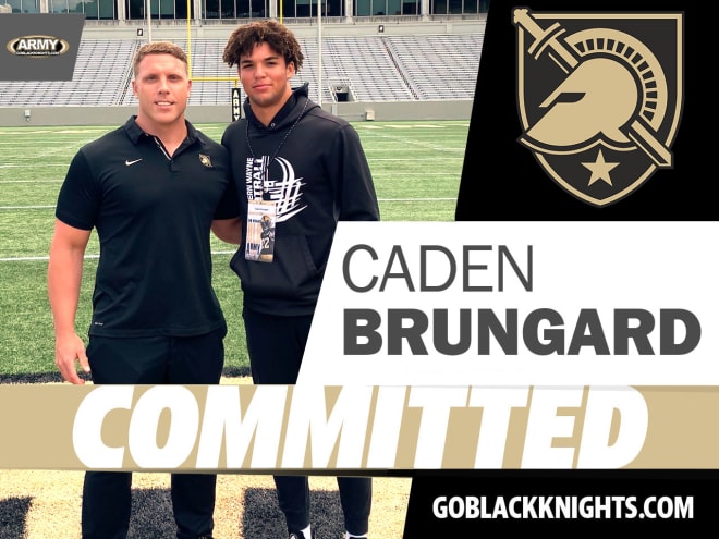 Committed safety, Caden Brungard with Army fullback coach Mike Viti inside Michie Stadium