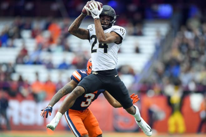 Donavon Greene hauls in a catch against Syracuse during the 2019 season. 