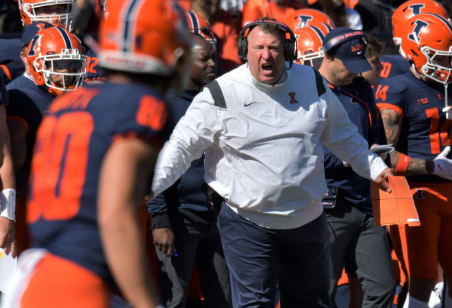 Illinois Fighting Illini head coach Bret Bielema on the sidelines during the first half against the Minnesota Golden Gophers at Memorial Stadium