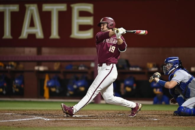 Elijah Cabell had two hits in the Seminoles' 7-2 loss on Saturday night, but also struck out twice as well.