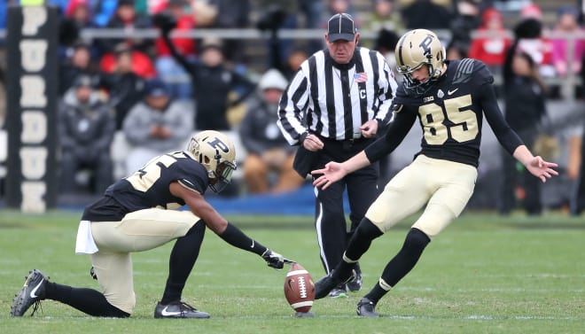 Whether it'll be junior J.D. Dellinger (85) or senior Spencer Evans, Purdue will need to figure out new kickoff rule.