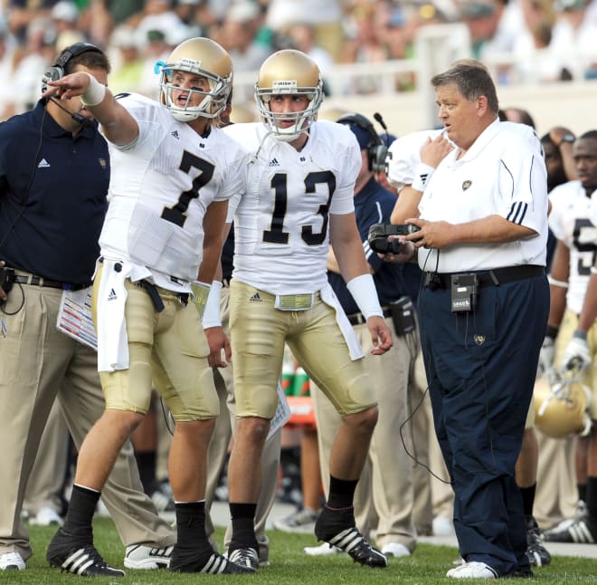 Evan Sharpley (13) sat behind Jimmy Clausen (7) for much of the latter part of his college football career at Notre Dame.