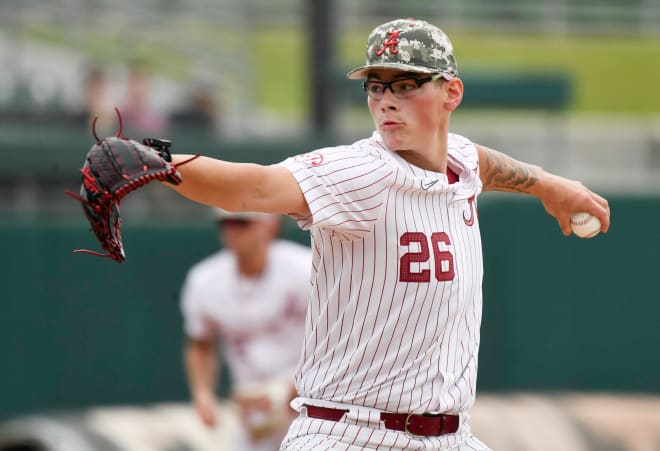  Alabama pitcher Greg Farone (26) makes a pitch during the game with Texas A&M at Sewell-Thomas Stadium in the first game of a double header Friday. Photo | Gary Cosby Jr.-Tuscaloosa News / USA TODAY NETWORK