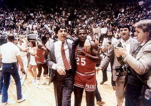 NC State coach Jim Valvano and Dereck Whittenburg in 1983