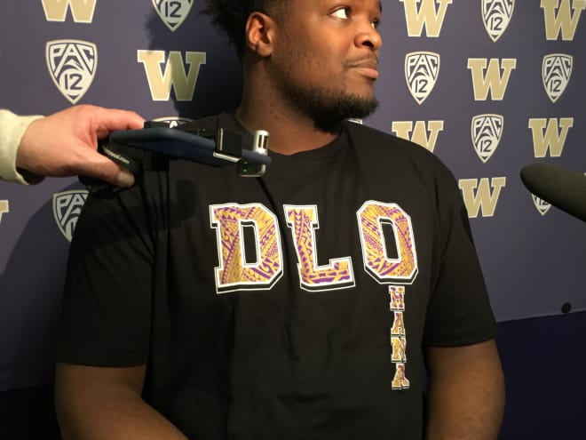 UW senior defensive lineman Jaylen Johnson sporting the noted DLO t-shirt Tuesday during media availability.
