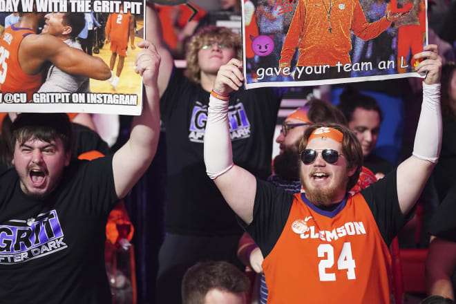 Clemson fans are shown here Tuesday night in Littlejohn Coliseum giving a shoutout to the 24th-ranked Tigers who remain atop the Atlantic Coast Conference standings entering the final weekend in January.