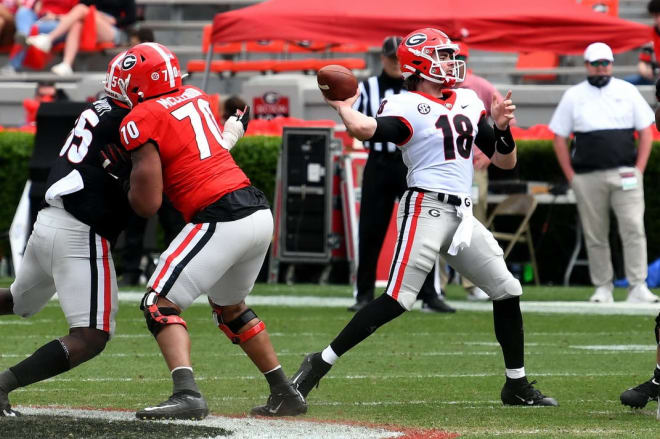 JT Daniels attempts a pass during Georgia's G-Day Game. (Radi Nabulsi/UGASports)