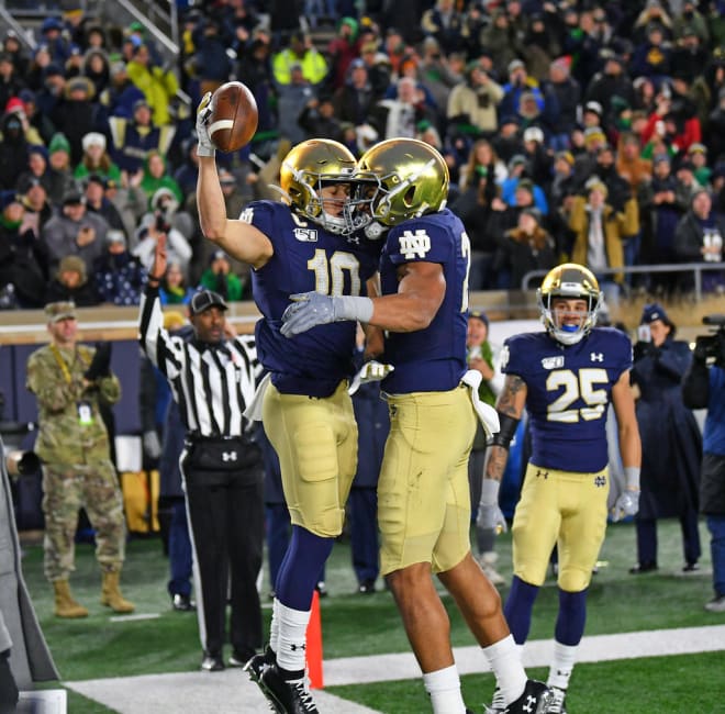 Notre Dame wide receiver Chris Finke celebrating a touchdown against Boston College (Photos by Andris Visockis)