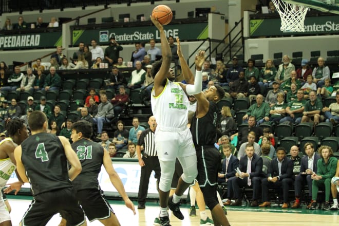 USF Bulls forward B.J. Mack attempts a jump hook in the first half against Dartmouth in the Yuengling Center.