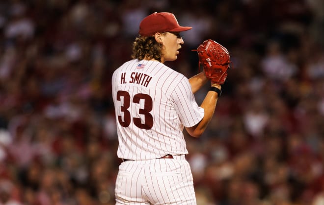 Arkansas pitcher Hagen Smith during the June 1 loss to Kansas State in the Fayetteville Regional at Baum-Walker Stadium.