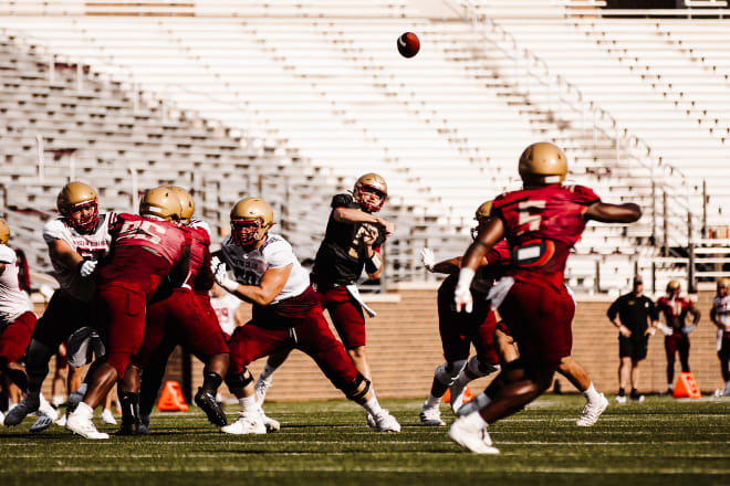 BC starting quarterback Phil Jurkovec attempts a pass during the Eagles' second preseason scrimmage (Photo courtesy of BC Athletics).