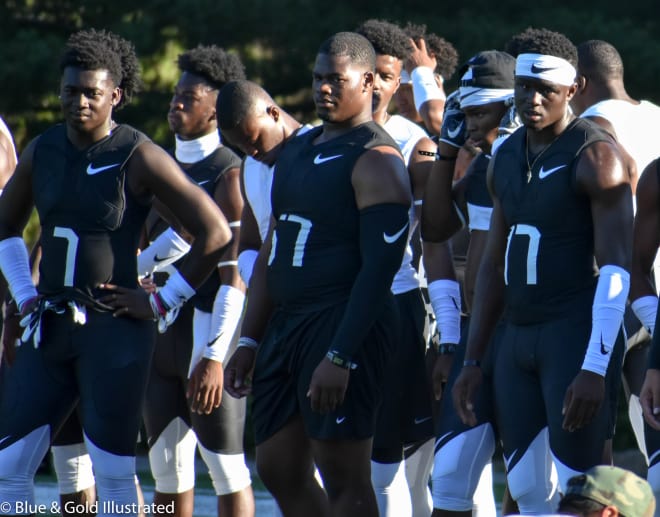 Notre Dame was well represented in Oregon during Nike Football's The Opening Finals with five commits include safety Derrik Allen (left), defensive tackle Jayson Ademilola (middle) and linebacker Ovie Oghoufo (linebacker).