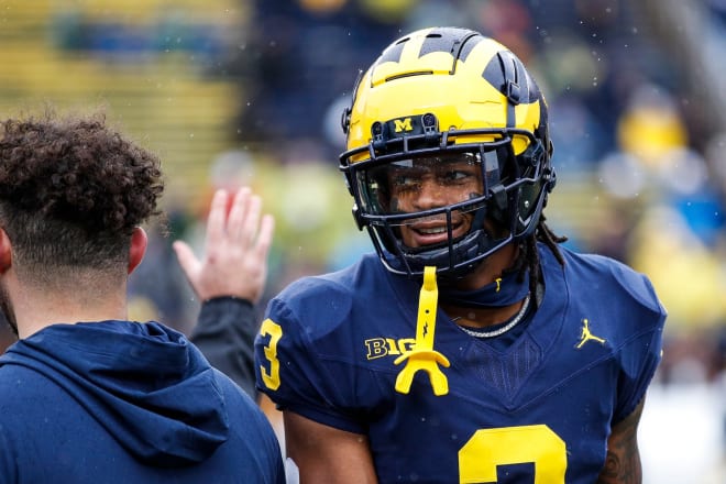 Michigan defensive back Keon Sabb (3) warms up before the Indiana game at Michigan Stadium in Ann Arbor on Saturday. Photo | Junfu Han / USA TODAY NETWORK