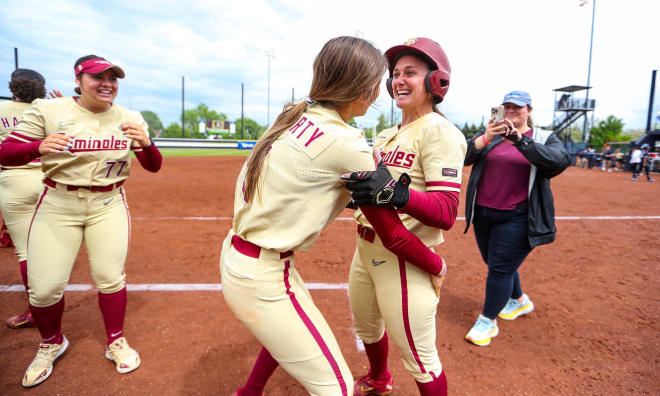 Devyn Flaherty and Bethaney Keen celebrate FSU's walk-off win on Saturday.