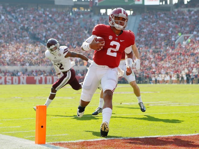 Alabama quarterback Jalen Hurts (2) scores a touchdown against Mississippi State during last season's game 
