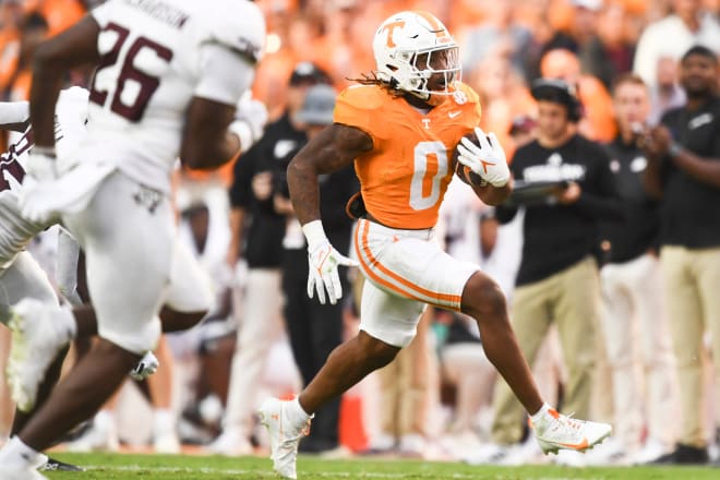 Oct 14, 2023; Knoxville, TN, USA; Tennessee running back Jaylen Wright (0) runs the ball during a football game between Tennessee and Texas A&M at Neyland Stadium in Knoxville, Tenn., on Saturday, Oct. 14, 2023.