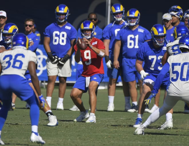 Los Angeles Rams quarterback Matthew Stafford (9) drops back to pass during training camp at University of California, Irvine. John McCoy-USA TODAY Sports