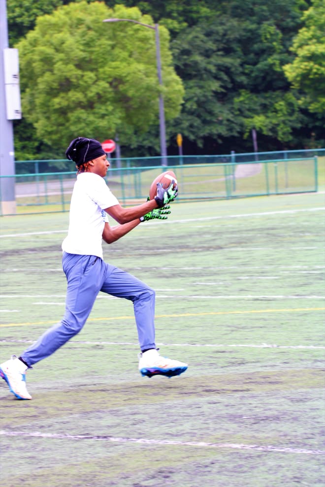 2028 Lithonia (Ga.) WR Anthony Flournoy hauls in a pass during the routes on air portion.