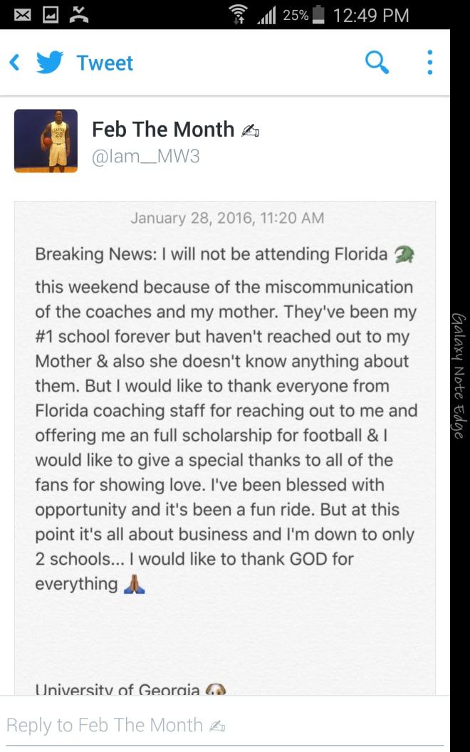 Lyndell Wilson tweets that Florida is no longer under consideration 