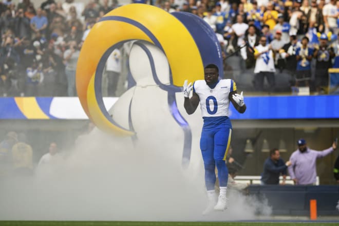 Los Angeles Rams linebacker Byron Young (0) takes the field before an NFL football game against the Cleveland Browns, Sunday, Dec. 3, 2023, in Inglewood, Calif.