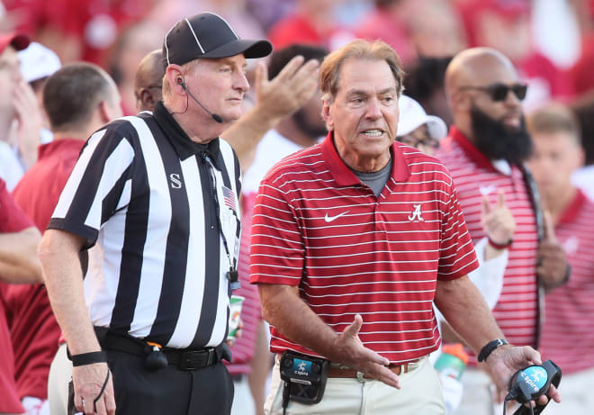  Alabama Crimson Tide head coach Nick Saban reacts to a call in the fourth quarter against the Arkansas Razorbacks at Donald W. Reynolds Razorback Stadium. Alabama won 49-26. Photo | Nelson Chenault-USA TODAY Sports