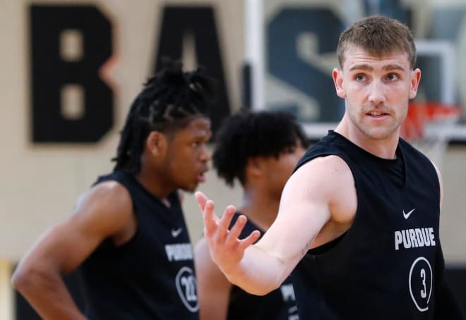 Purdue Boilermakers guard Braden Smith (3) yells down court during practice, Tuesday, June 11, 2024, at Purdue University’s Cardinal Court in West Lafayette, Ind.
