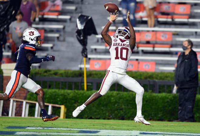 De'Vion Warren caught a couple of touchdown passes in Arkansas' loss to No. 13 Auburn.