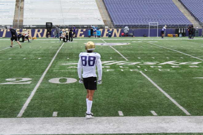 Washington junior wide receiver Ty Jones (No. 88) standing on the sideline during a practice in fall camp. 