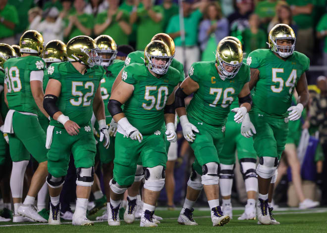 Rocco Spindler (50) and the Notre Dame offensive line faced another top defense this weekend at Duke.