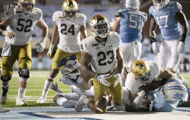 Notre Dame running back Kyren Williams (No. 23) had 144 yards from scrimmage and three touchdowns in a 31-17 win over North Carolina.