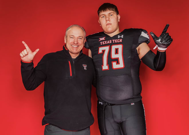 Texas Tech head coach Joey McGuire with OL commitment Kaden Carr