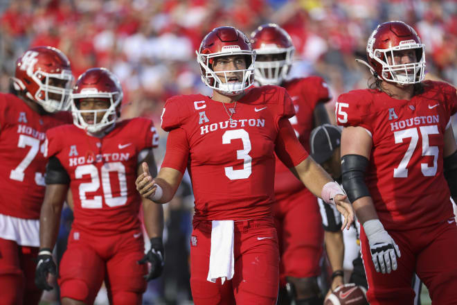 Sep 17, 2022; Houston, Texas, USA; Houston Cougars quarterback Clayton Tune (3) reacts after a play during the second quarter against the Kansas Jayhawks at TDECU Stadium. 