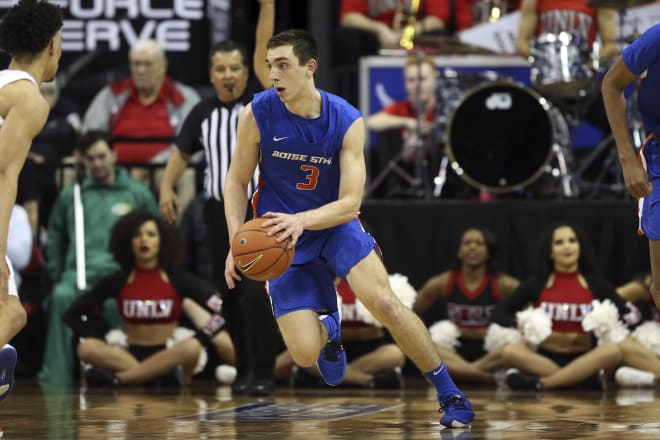 Boise State's Justinian Jessup plays against UNLV during the first half of a Mountain West Conference tournament NCAA college basketball game Thursday, March 5, 2020, in Las Vegas.
