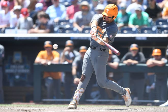 Tennessee first baseman Blake Burke (25) at bat against Stanford during the NCAA Baseball College World Series in Omaha, Nebraska, on Monday, June 19, 2023.