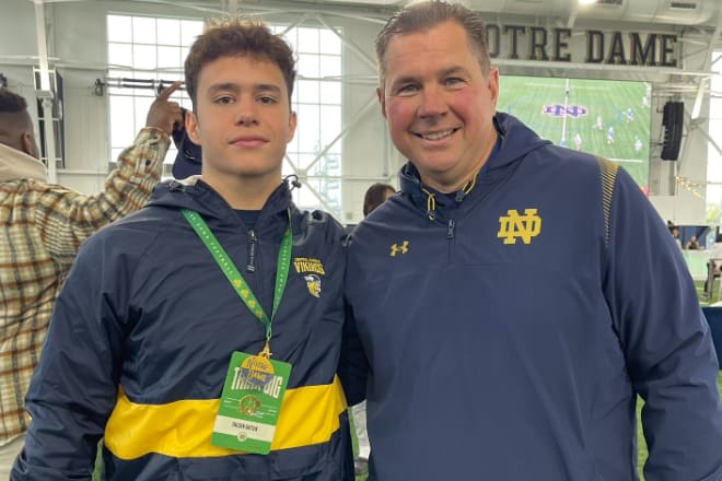 Colsen Gatten, pictured above with defensive coordinator Al Golden, is pumped about his upcoming visit to Notre Dame football at the top of next month. Gatten was one of 10 inside linebackers in the 2026 recruiting class to receive offers on Pot of Gold Day.