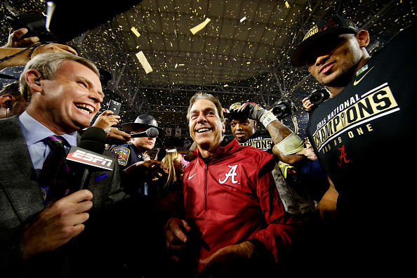 GLENDALE, AZ - JANUARY 11: Head coach Nick Saban of the Alabama Crimson Tide celebrates after defeating the Clemson Tigers in the 2016 College Football Playoff National Championship Game at University of Phoenix Stadium on January 11, 2016 in Glendale, Arizona. The Crimson Tide defeated the Tigers with a score of 45 to 40. (Photo by Christian Petersen/Getty Images)