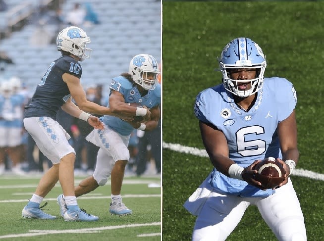 Drake Maye (left) and Jacolby Criswell (right) will jockey for positioning in UNC's QB battle this spring.