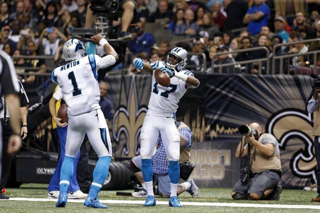 Cam Newton and Devin Funchess doing the "Blade Dance" after a touchdown.