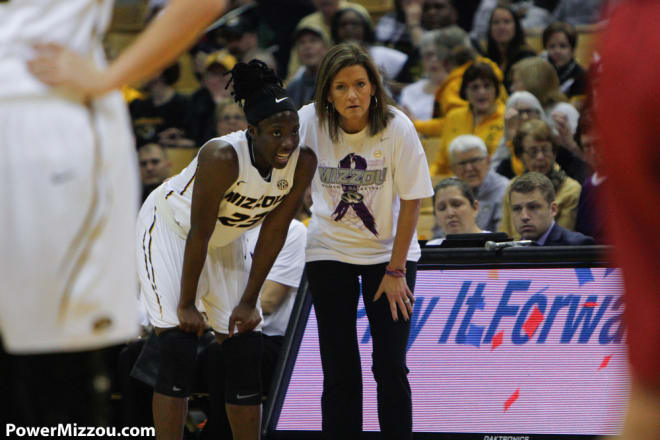 Robin Pingeton wears Mizzou's version of the "We Back Pat" shirt as the entire SEC honors Pat Summitt's legacy this week