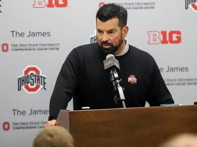 Ohio State coach Ryan Day chatted with the media on Thursday. (Birm/DTE