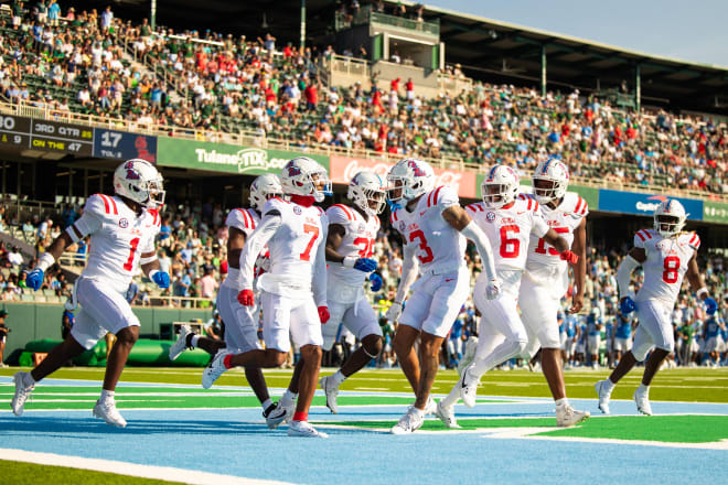 Ole Miss Rebels cornerback Deantre Prince (7) celebrates an interception against the Tulane Green Wave during the second half at Yulman Stadium. Mandatory Credit: Stephen Lew-USA TODAY Sports