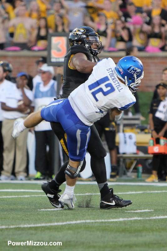 Marcell Frazier was called for targeting on this hit against Middle Tennessee QB Brent Stockstill