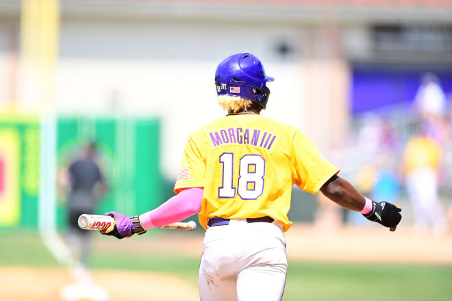 LSU junior left fielder Tre' Morgan watches his two-run homer leave the ballpark in the fifth inning of the Tigers' eventual 14-13 loss in 10 innings to Mississippi State on Sunday afternoon in Alex Box Stadium.