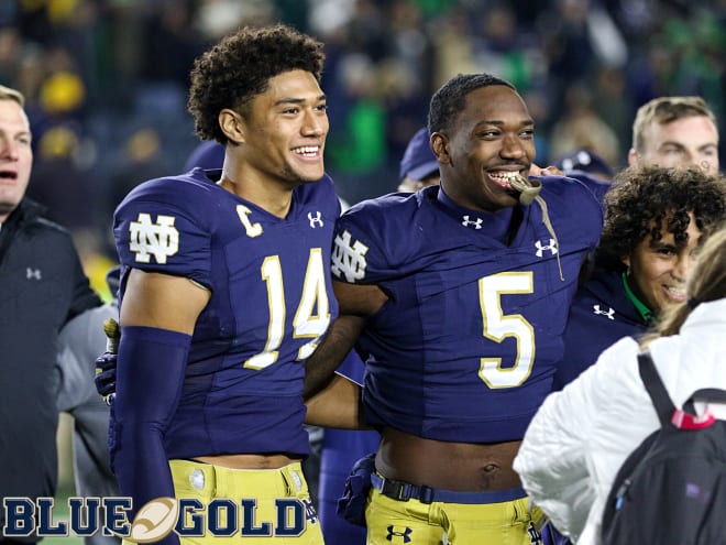 Notre Dame Fighting Irish football players Kyle Hamilton and Cam Hart