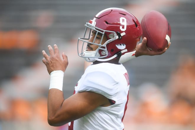Alabama quarterback Bryce Young (9) warms up before a game between Tennessee and Alabama at Neyland Stadium in Knoxville, Tenn. Photo | The Knoxville News-Sentinel